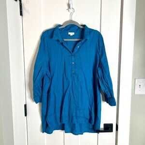 J. Jill LoveLinen Cerulean Blue 100% Linen Button Up 3/4 Sleeve Popover Top XL